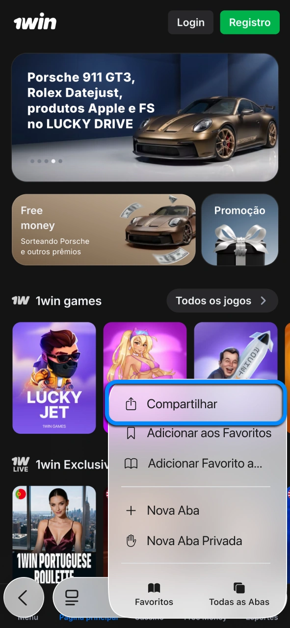 Abra o menu de partilha da 1win para adicionar o aplicativo e acessar a plataforma com mais facilidade.