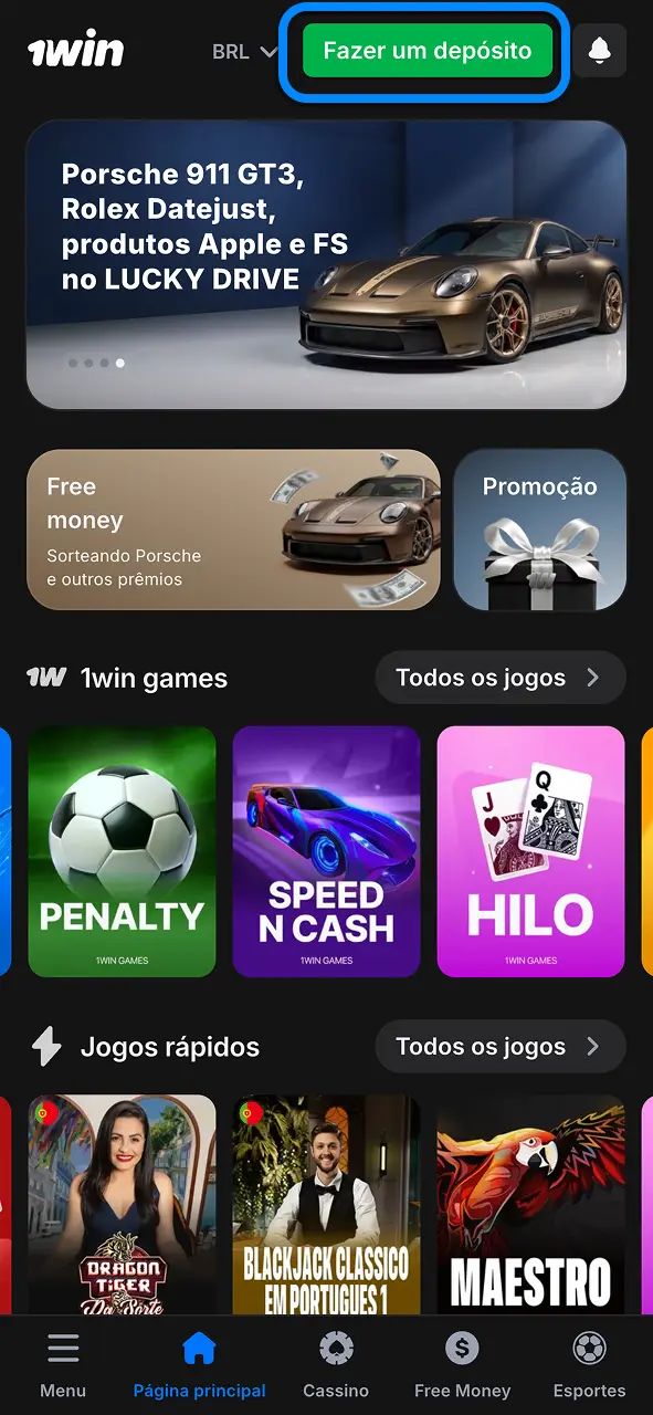 Abra os depósitos na 1win e visualize todas as opções disponíveis.