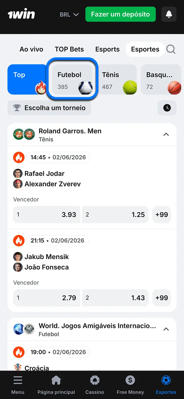 Acesse o futebol na 1win e encontre competições do mundo inteiro.