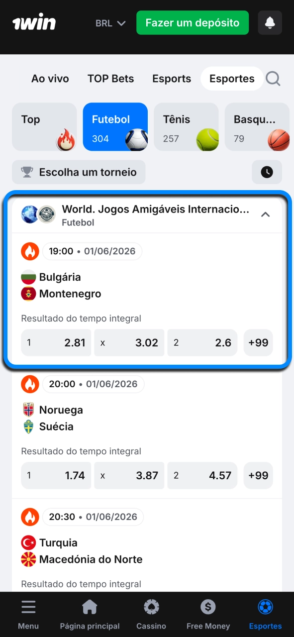 Selecione um evento na 1win e acesse rapidamente os mercados disponíveis.