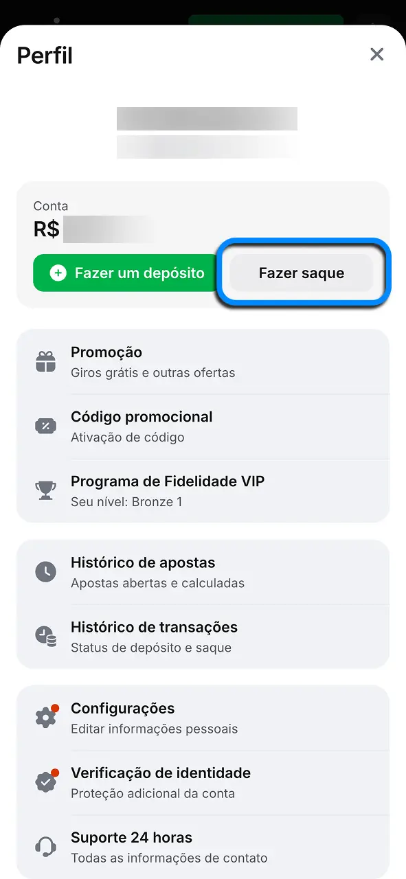 Abra a área de saques da 1win e visualize seu saldo disponível.